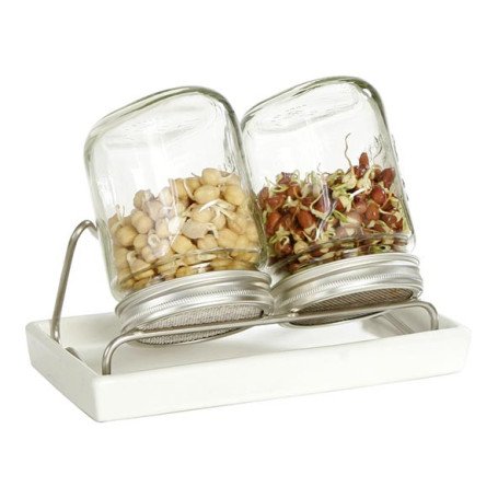 Kit 2 germoirs verre 750ml avec support inox et plateau ceramique blanc Kit 2 germoirs verre 750ml avec support inox et plateau ceramique blanc