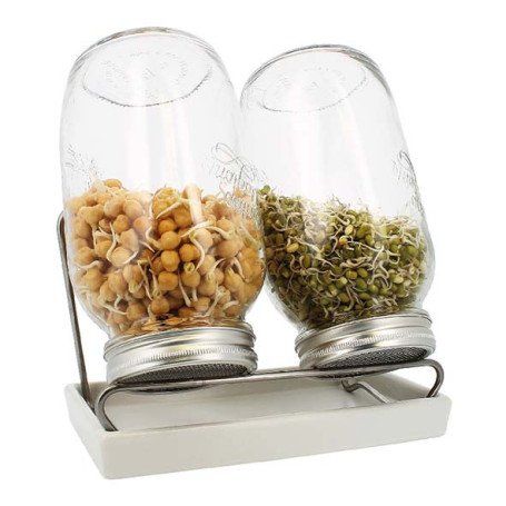 Kit 2 germoirs verre 1500ml avec support inox et plateau ceramique blanc Kit 2 germoirs verre 1500ml avec support inox et plateau ceramique blanc