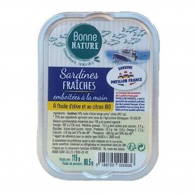 Sardines fraîches emboîtées à la main à l'huile d'olive et citron bio 115g